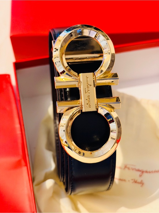 Salvatore Ferragamo Accessories - Salvatore Ferragamo Black Leather Belt with Gold Double Gancini Buckle
